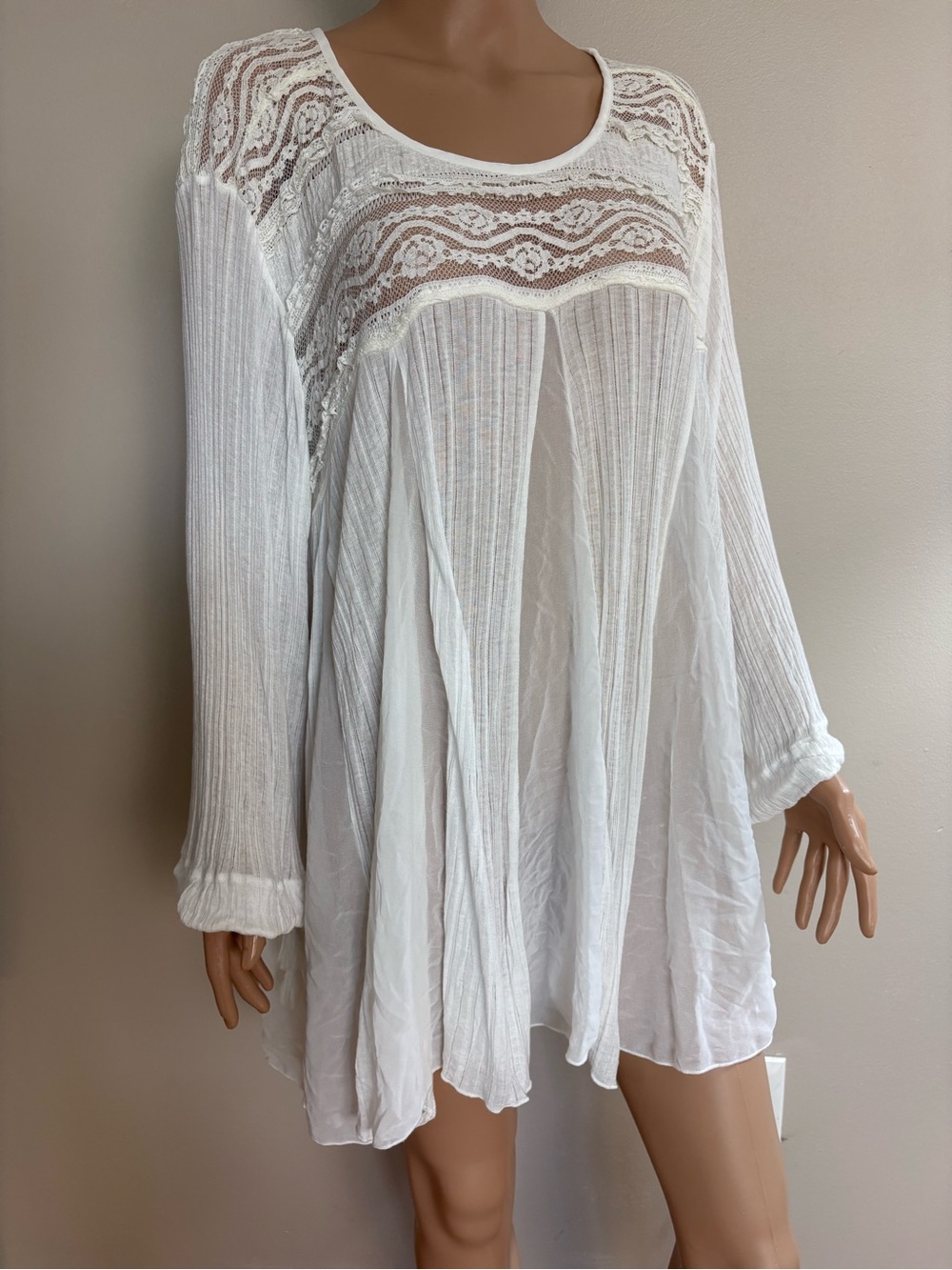 Women's FREE PEOPLE White Gauze Lace PENNY LANE Semi Sheer FLOWY TUNIC XL